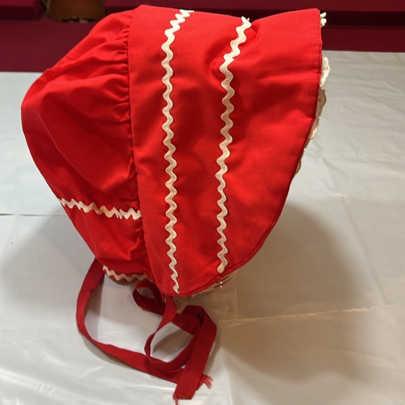 Red Prairie BONNET HAND MADE lace ruffle trim ribbon neck tie costume OS womens - Picture 8 of 13